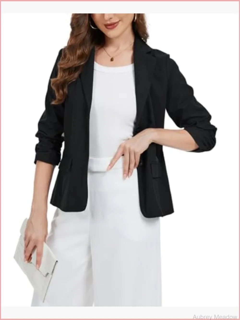Linen Blazer Jacket Lightweight 3/4 Ruched Sleeve Button Work Office